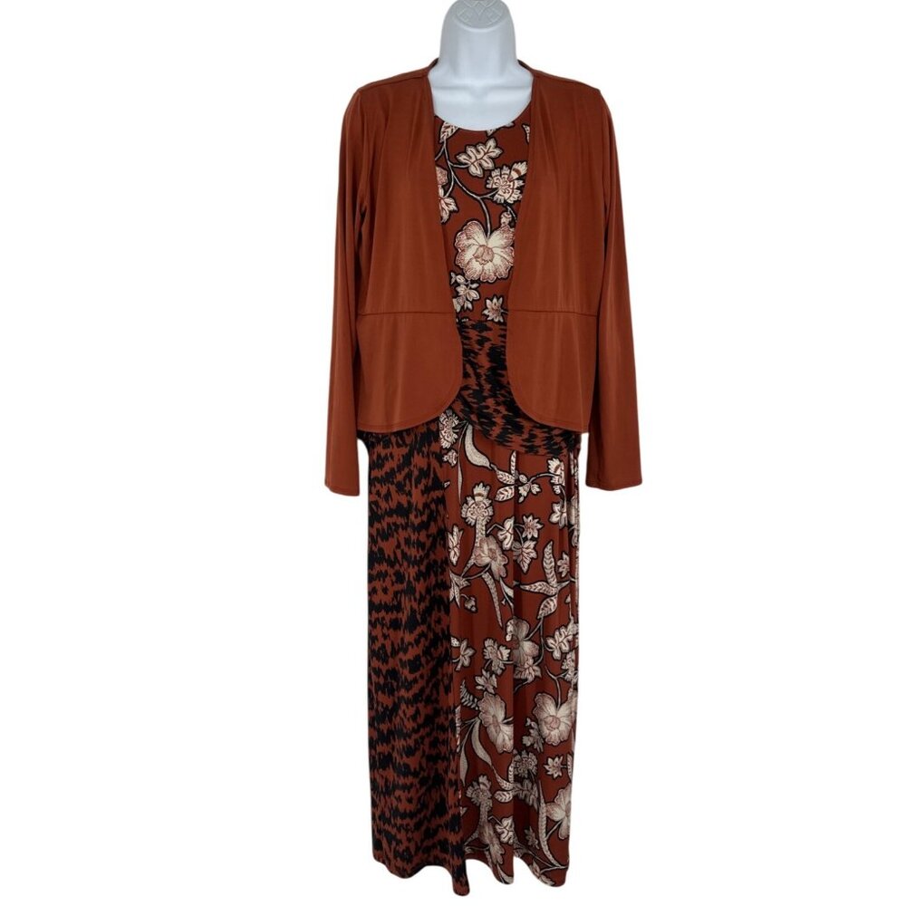 Iman Two-Piece Rust Floral & Animal Print Dress W/ Long-Sleeve Open Jacket Sz M